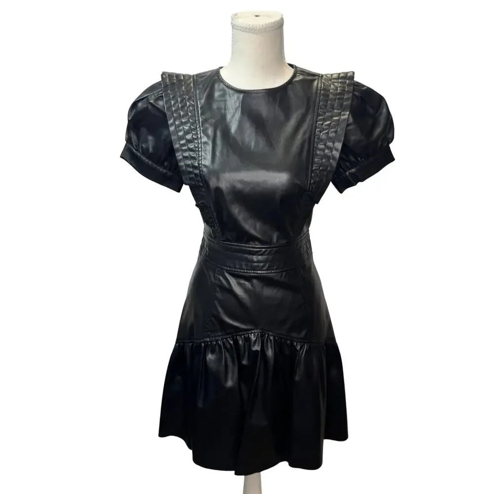 Zara Faux Leather Mini Dress Black Women's XS Ruffle Puff Flounce Hem Coquette - Picture 1 of 16